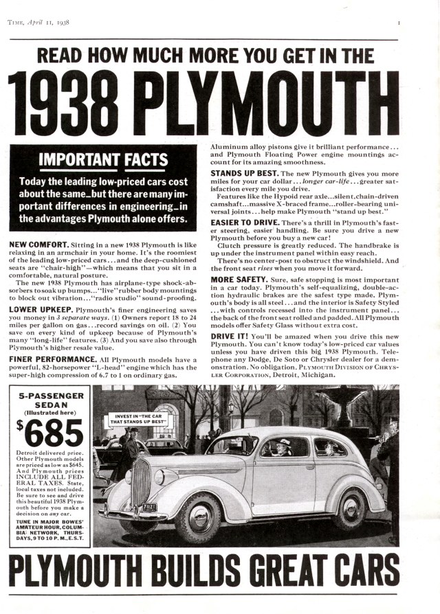 1938 Plymouth Auto Advertising